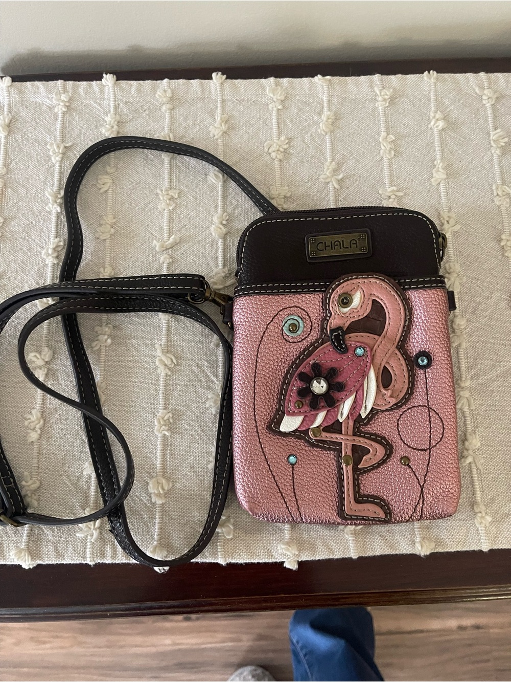 Chala Pink Flamingo Applique Crossbody with Black Trim